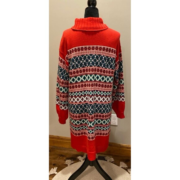 Crown & Ivy Sweater Dress Size Large Red Green Navy Fair Isle Look 60 % Cotton - Picture 6 of 12